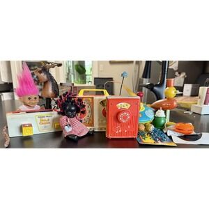 Vintage Toy Lot Fisher Price Pocket Camera Radio Troll Doll Spinning Tops Jax